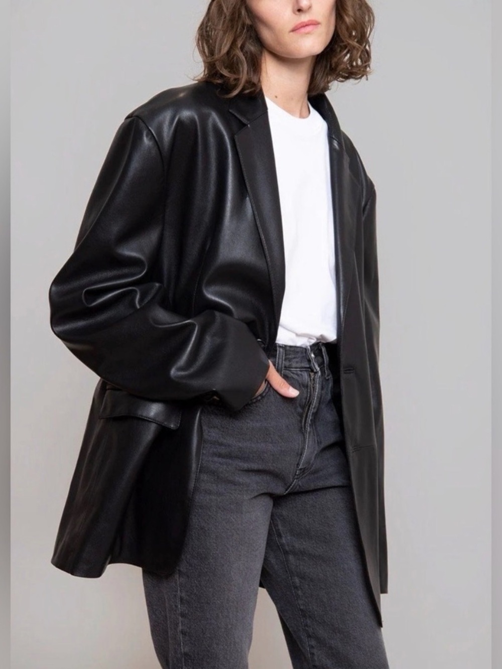 THE FRANKIE SHOP Olympia Black Faux Leather Single button Blazer - Size M/L